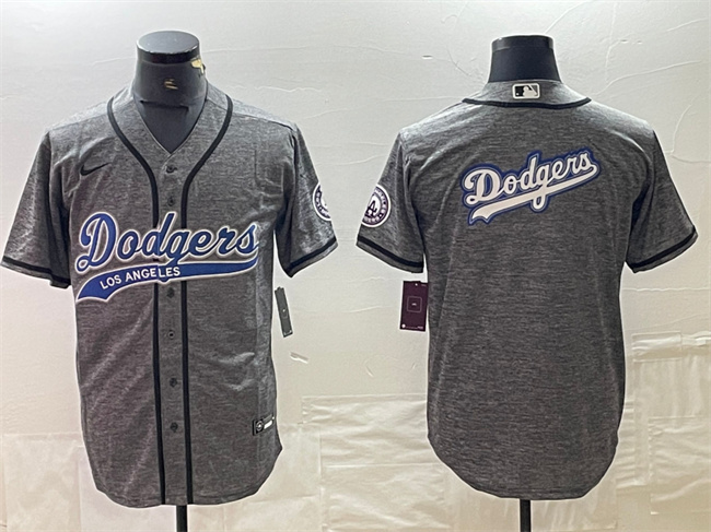 Los Angeles Dodgers Grey Team Big Logo Cool Base With Patch Stitched Jersey - Click Image to Close